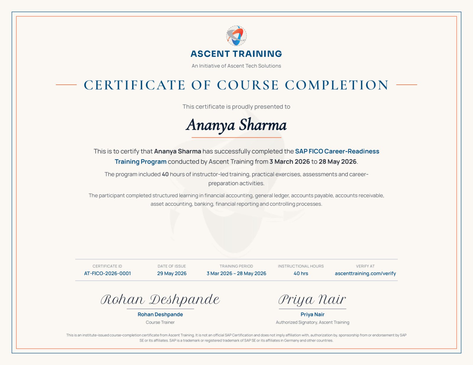 Sample Ascent Training course-completion certificate